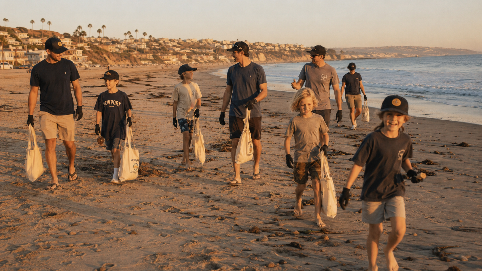 Dads and kids carrying cleanup bags down the beach at golden hour