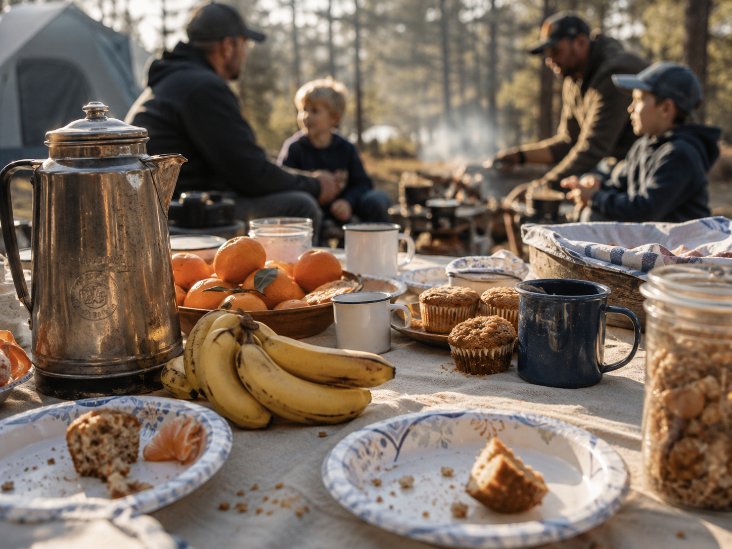 Camp breakfast table with coffee, fruit, muffins, and families behind it