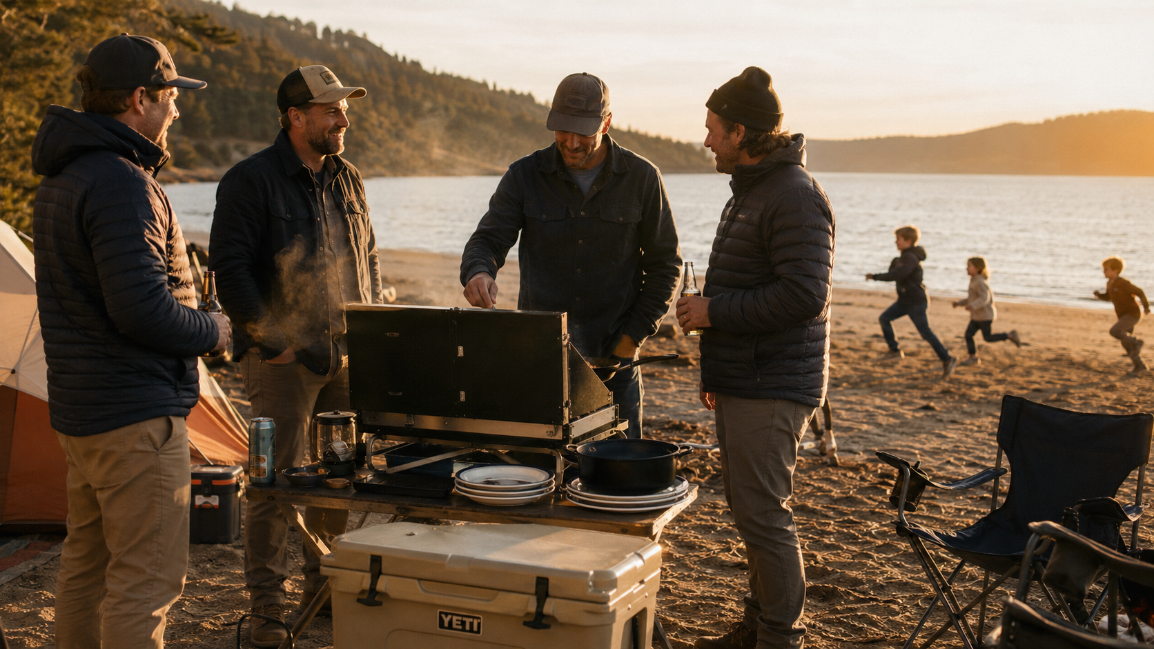 Dads cooking on a griddle at a beach campsite while kids run along the shore