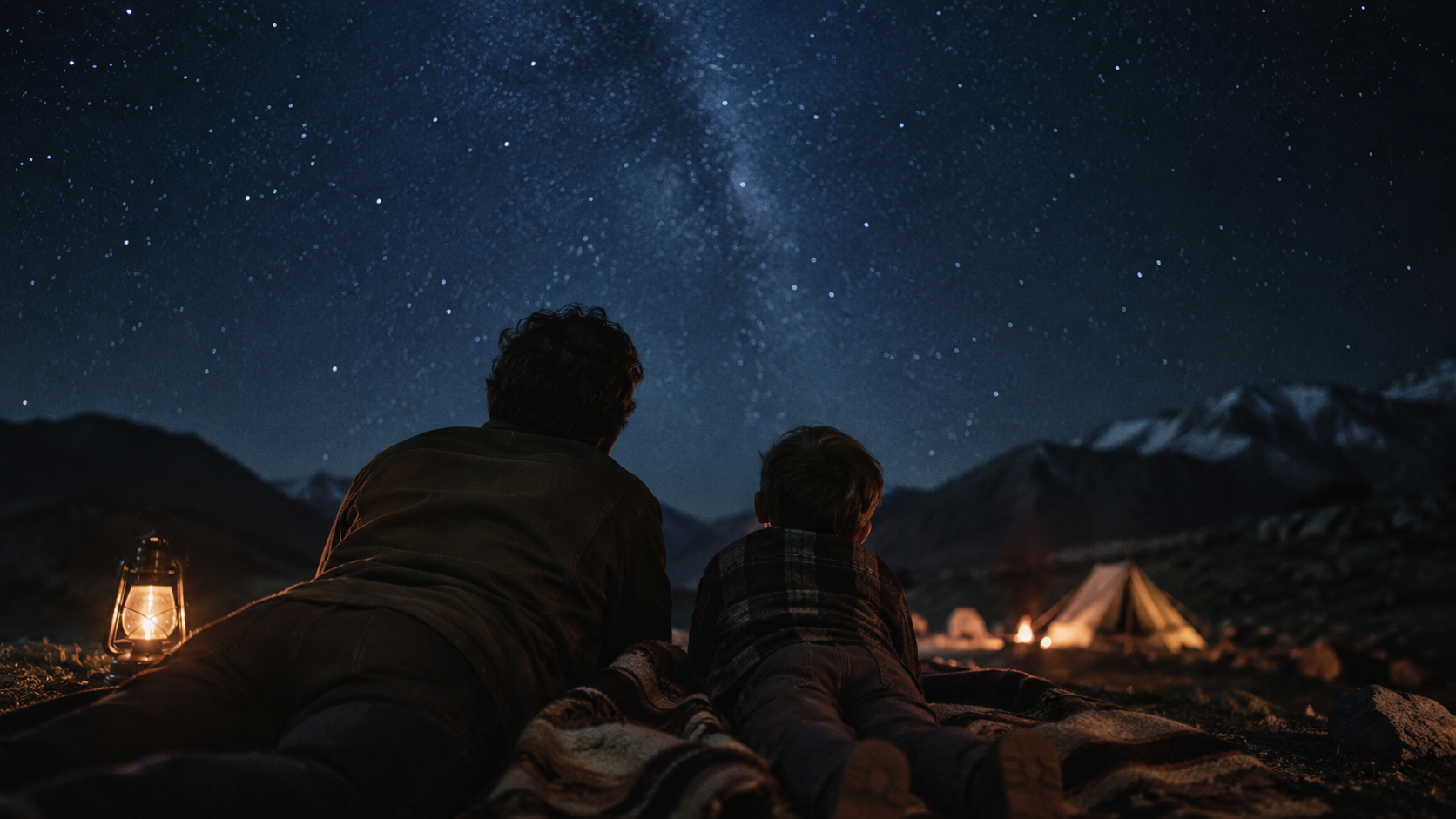 A dad and son lying under the Milky Way with a lantern and tent glowing behind them