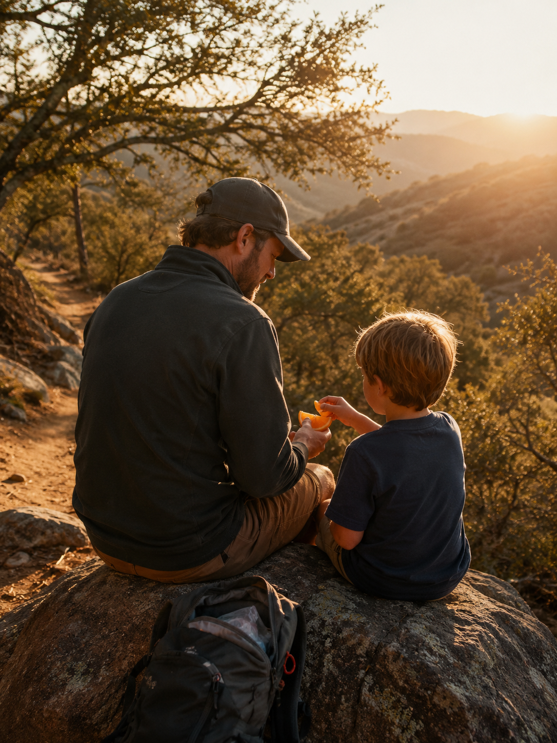 A dad and son sharing orange slices on a canyon trail